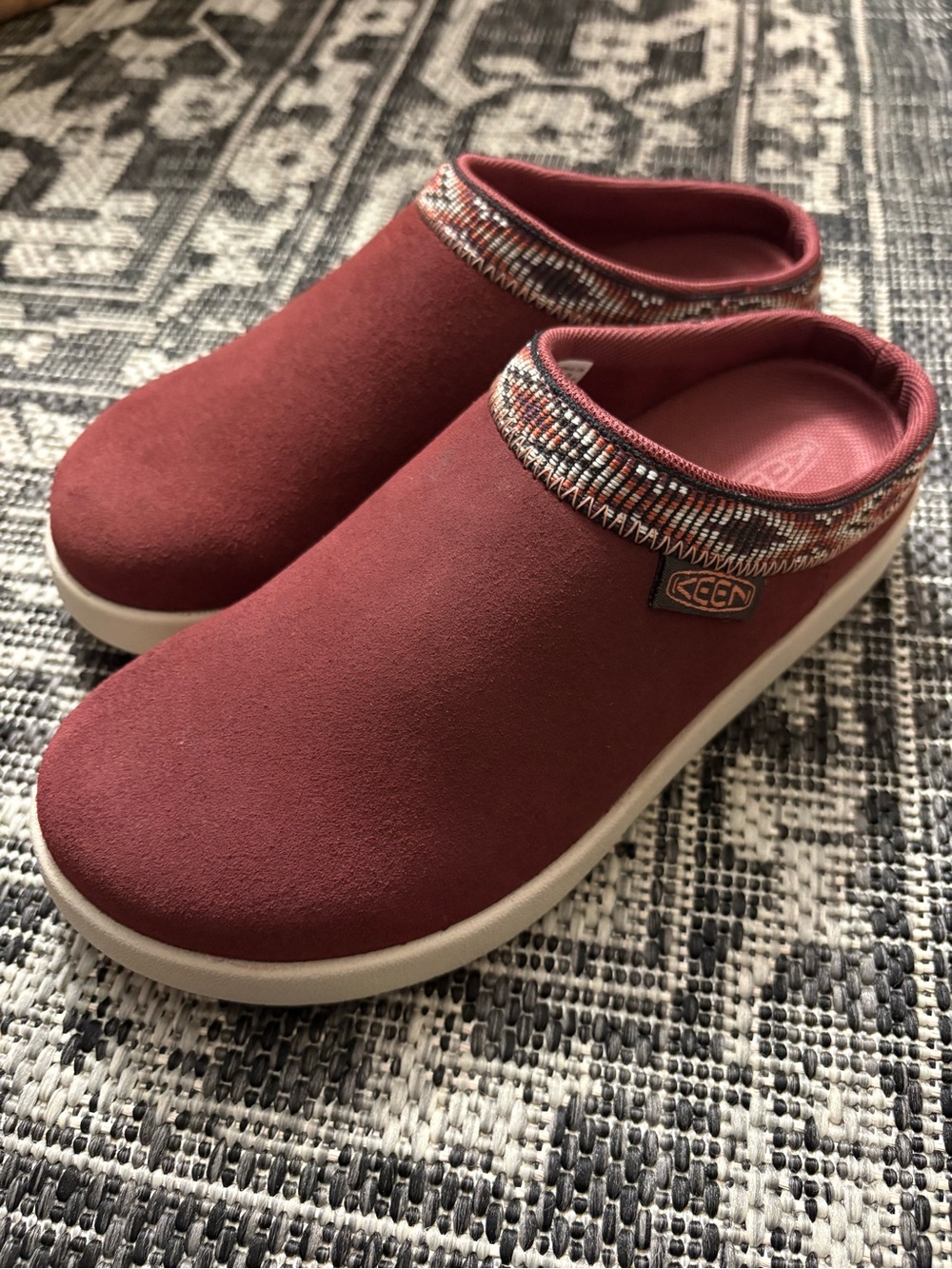 Keen Women's Slip-On Clogs in Burgundy with Patterned Trim